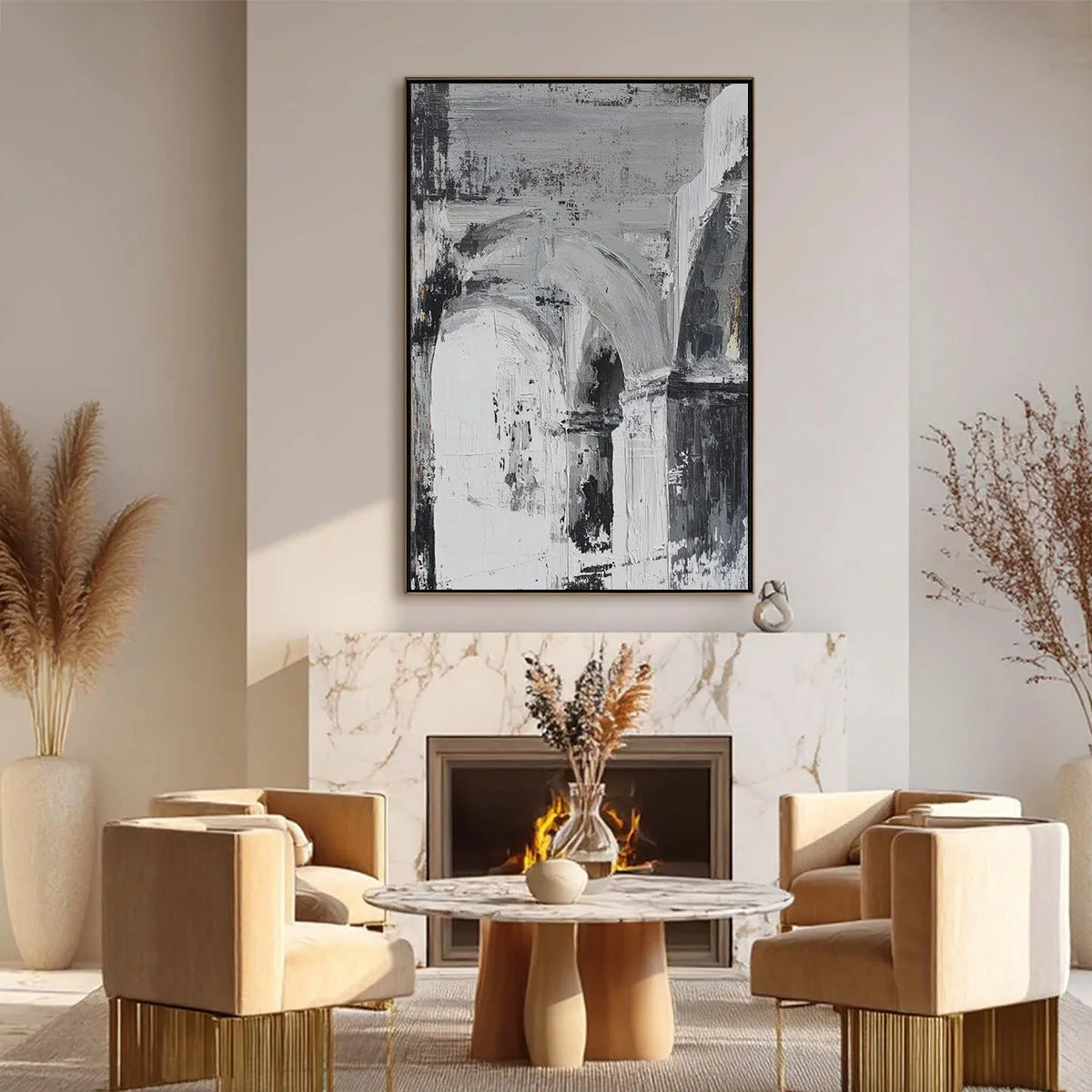 ECHOES OF THE ARCADE: Monochrome Abstract Architectural Painting | black frame version on white wall