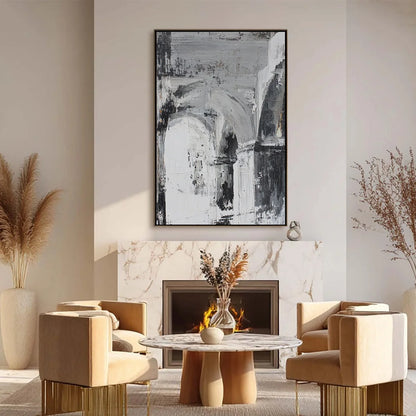 ECHOES OF THE ARCADE: Monochrome Abstract Architectural Painting | black frame version on white wall