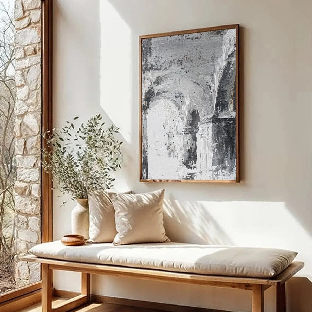 ECHOES OF THE ARCADE: Monochrome Abstract Architectural Painting | Abstract mood, soft natural light studio shot