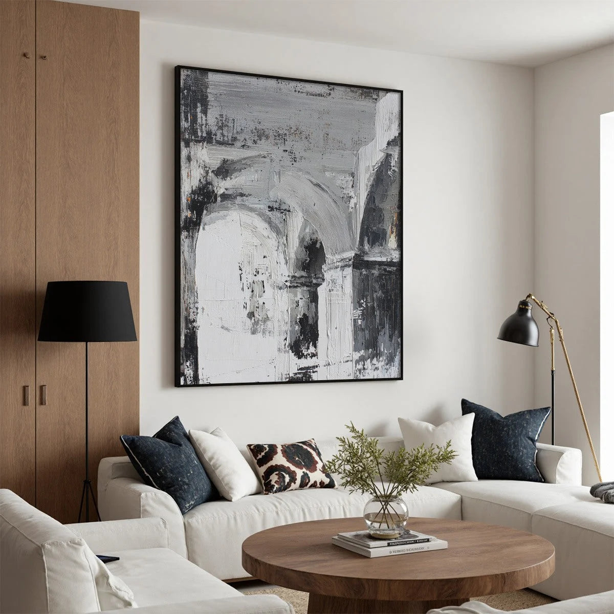 ECHOES OF THE ARCADE: Monochrome Abstract Architectural Painting | beige palette, original Hand-painted on premium stretched canvas using artist-grade oils; rich layered surface combines smooth gra...