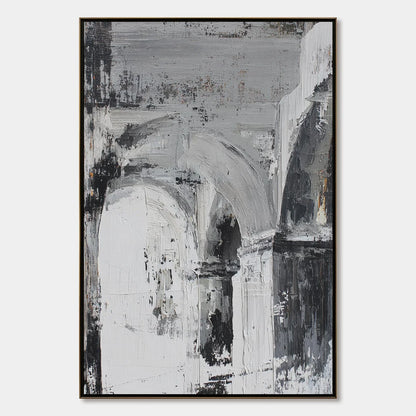 ECHOES OF THE ARCADE: Monochrome Abstract Architectural Painting | hanging in ECHOES OF THE ARCADE: Monochrome Abstract Architectural Painting featuring layered textured brushwork in refined tones;...