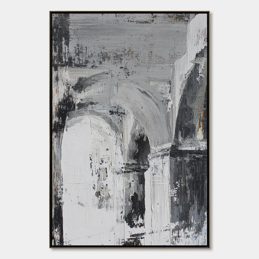 ECHOES OF THE ARCADE: Monochrome Abstract Architectural Painting | hanging in ECHOES OF THE ARCADE: Monochrome Abstract Architectural Painting featuring layered textured brushwork in refined tones;...