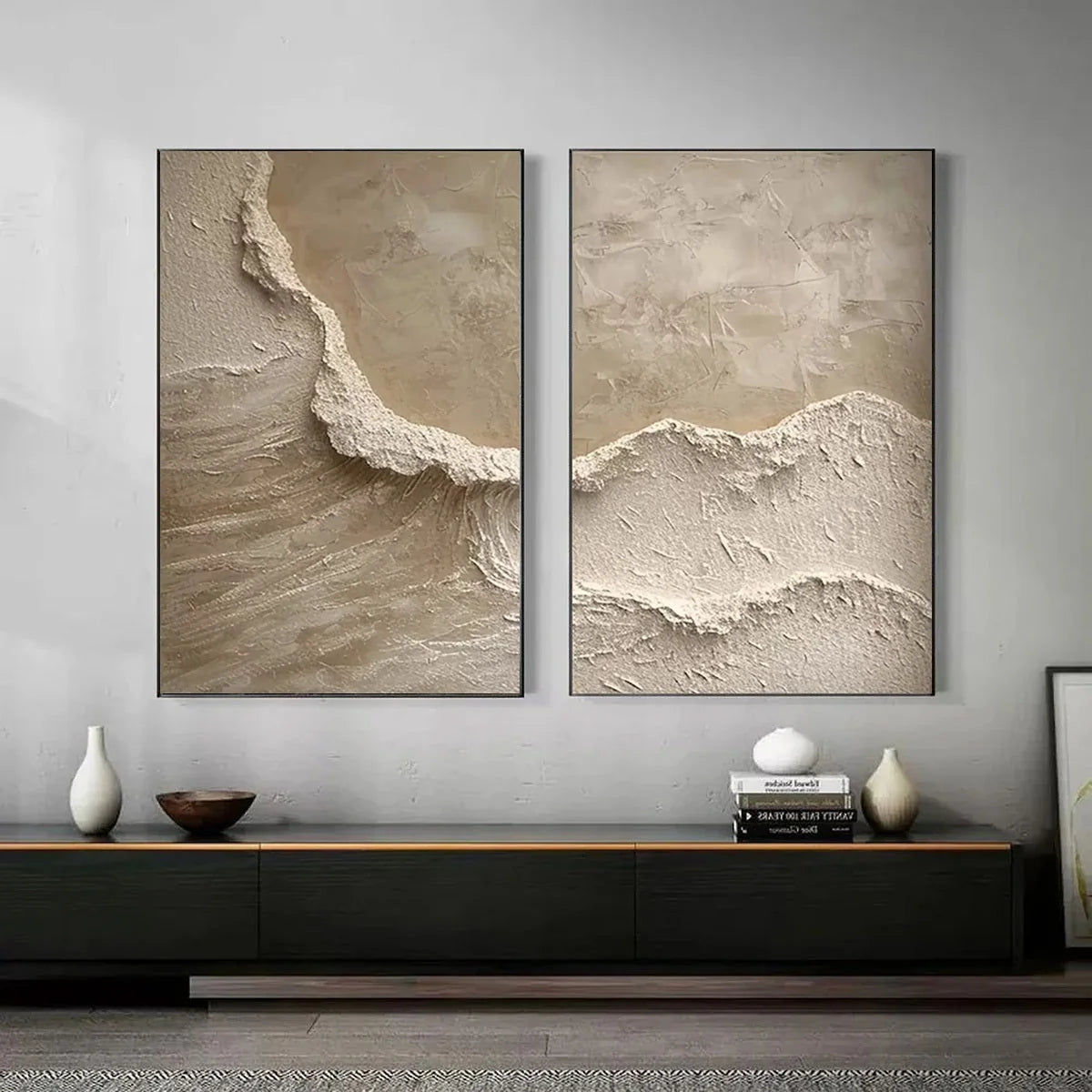 ECHOES OF THE SHORE: Wabi Sabi Textured Beach Painting Set | Abstract closeup, raised brushwork detail