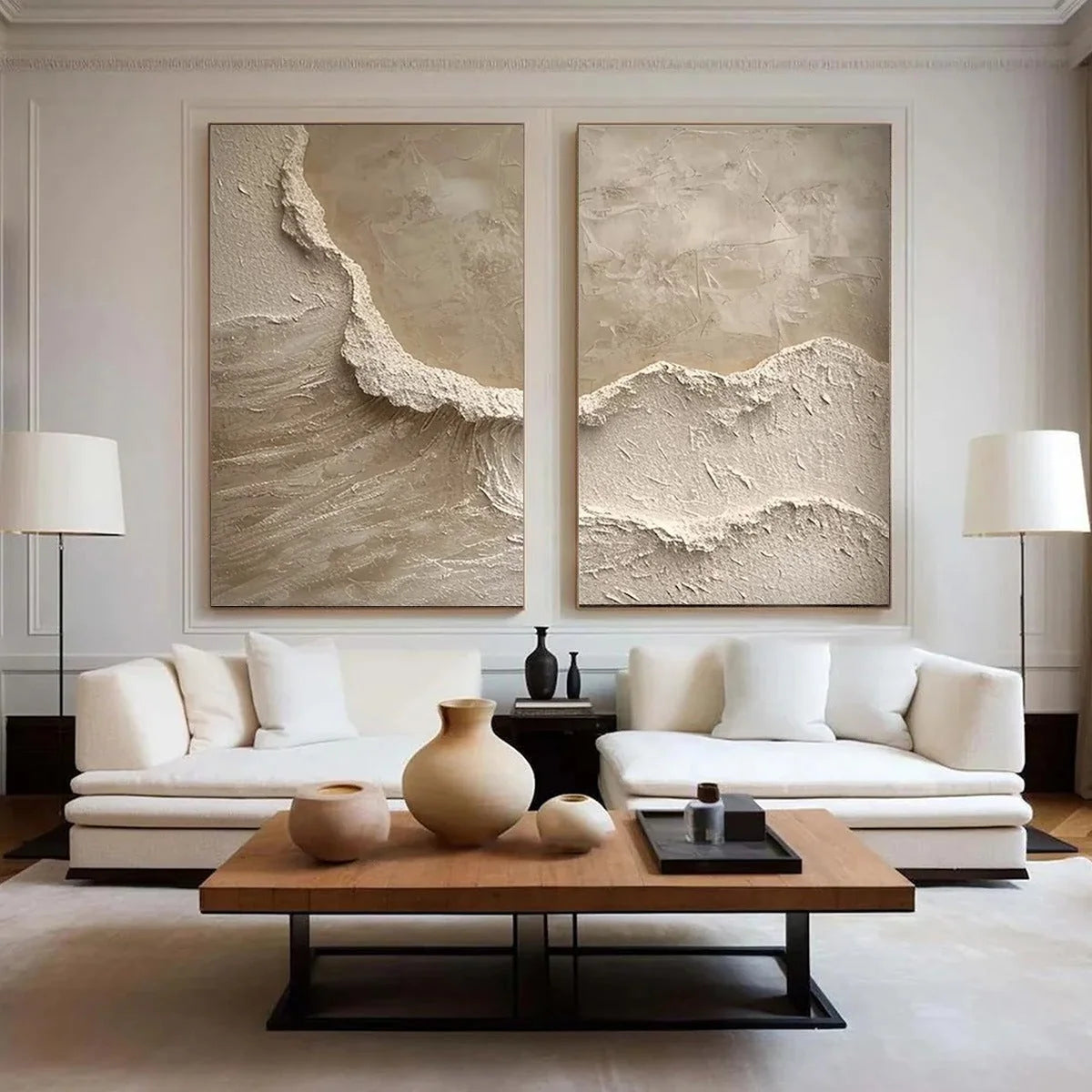 ECHOES OF THE SHORE: Wabi Sabi Textured Beach Painting Set | rectangular format, hand-painted canvas edge