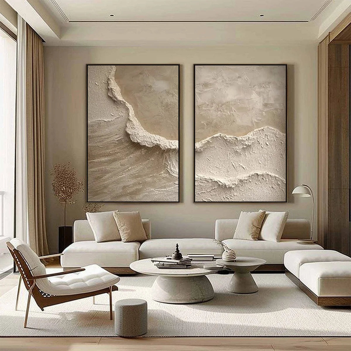 ECHOES OF THE SHORE: Wabi Sabi Textured Beach Painting Set | gold frame stretched on neutral wall