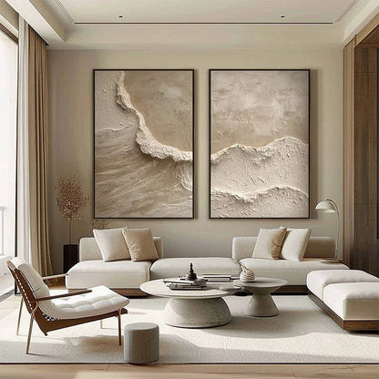 ECHOES OF THE SHORE: Wabi Sabi Textured Beach Painting Set | gold frame stretched on neutral wall