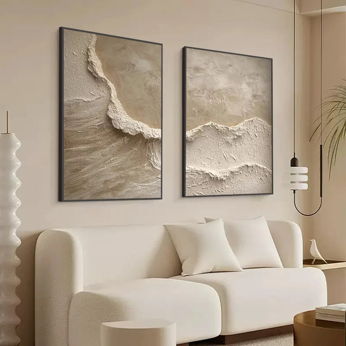 ECHOES OF THE SHORE: Wabi Sabi Textured Beach Painting Set | rolled canvas, ready for custom framing