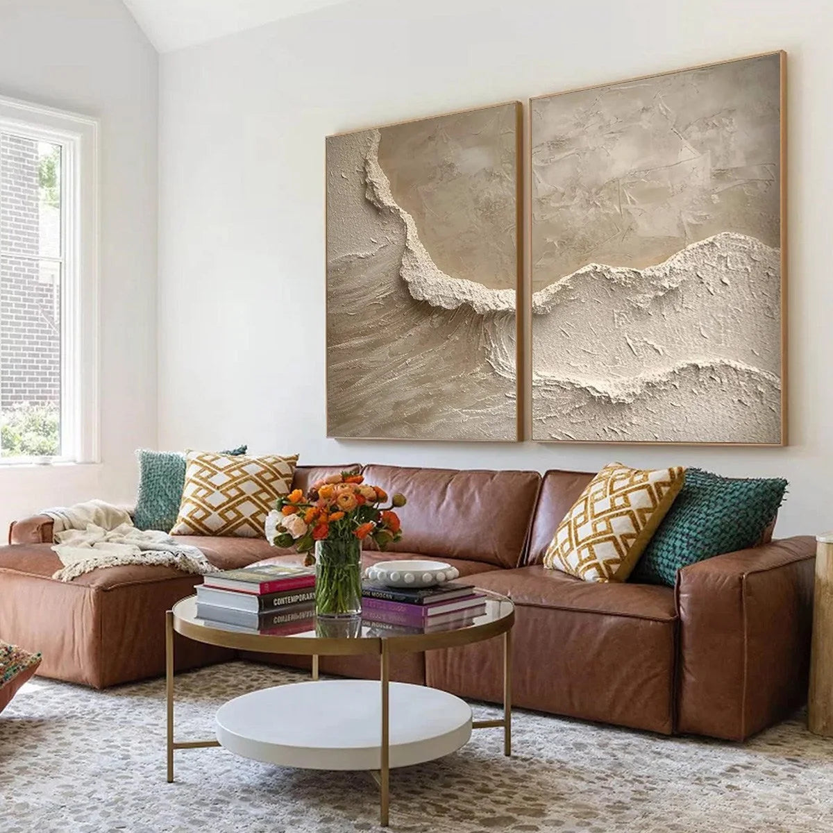 ECHOES OF THE SHORE: Wabi Sabi Textured Beach Painting Set | black frame version on white wall