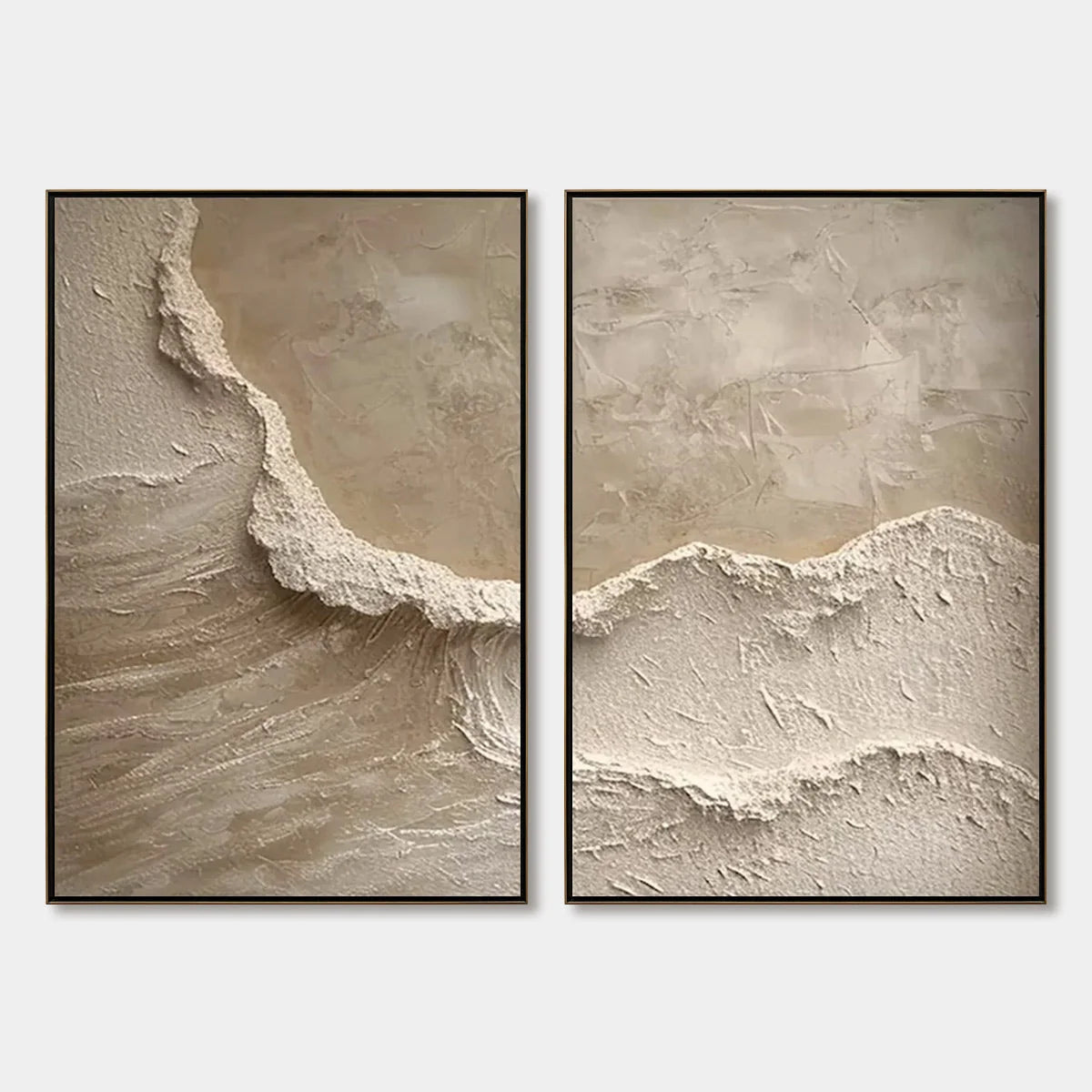 ECHOES OF THE SHORE: Wabi Sabi Textured Beach Painting Set | hanging in ECHOES OF THE SHORE: Wabi Sabi Textured Beach Painting Set featuring layered textured brushwork in refined tones; abstract co...