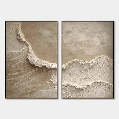 ECHOES OF THE SHORE: Wabi Sabi Textured Beach Painting Set | hanging in ECHOES OF THE SHORE: Wabi Sabi Textured Beach Painting Set featuring layered textured brushwork in refined tones; abstract co...
