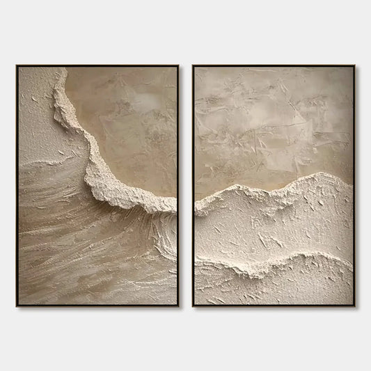 ECHOES OF THE SHORE: Wabi Sabi Textured Beach Painting Set | hanging in ECHOES OF THE SHORE: Wabi Sabi Textured Beach Painting Set featuring layered textured brushwork in refined tones; abstract co...