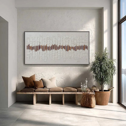 ECHOES IN SILENCE: Large Textured Minimalist Abstract Wall Art | gold frame stretched on neutral wall