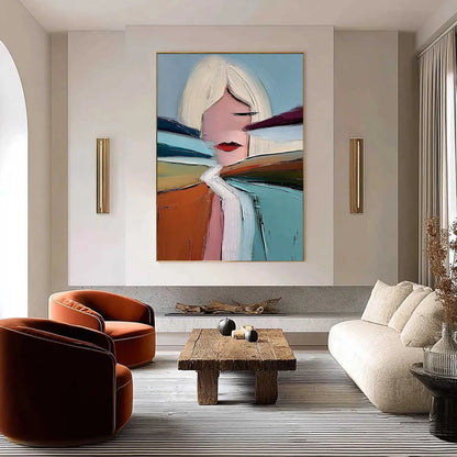 ECLAT: Modern Abstract Portrait Oil Painting with Textured Brushstrokes | gold frame stretched on neutral wall