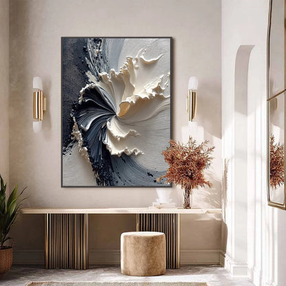 ECLIPSE IN BLOOM: Textured Wabi Sabi Abstract Floral Painting | gold frame stretched on neutral wall