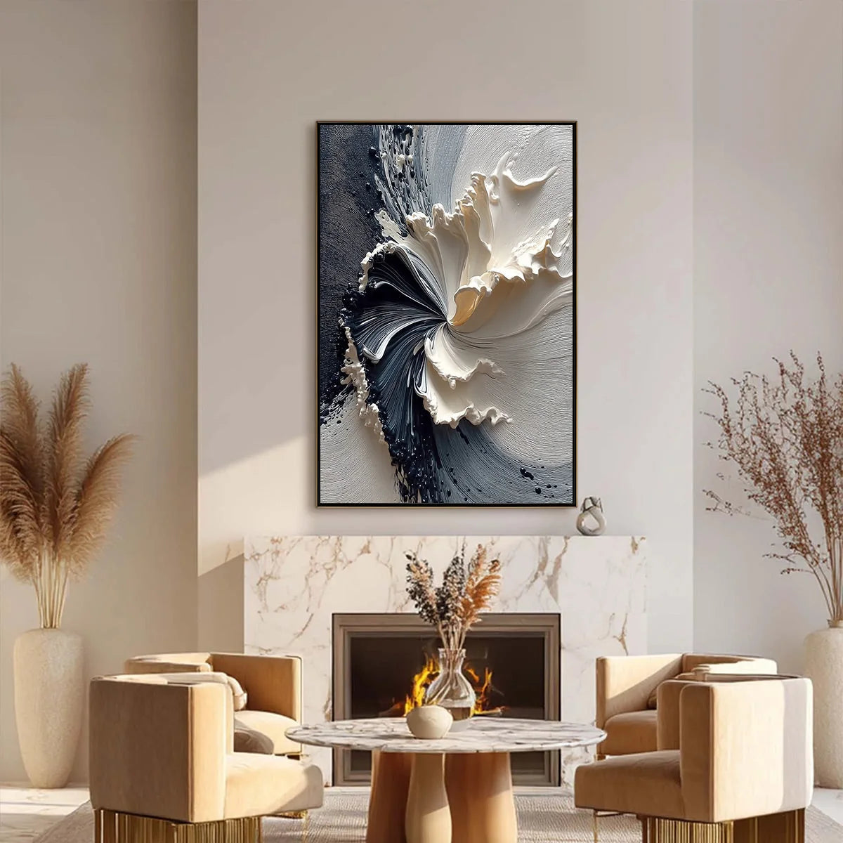 ECLIPSE IN BLOOM: Textured Wabi Sabi Abstract Floral Painting | black frame version on white wall