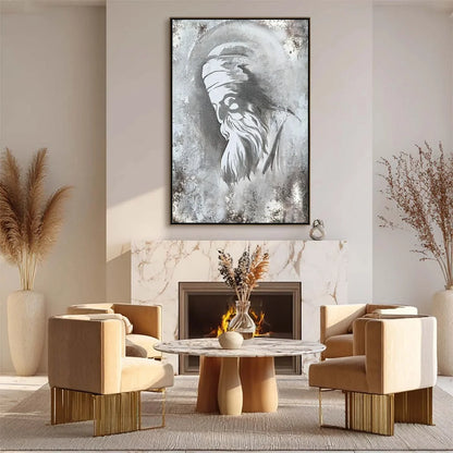 ELDER'S WHISPER: Minimalist Monochrome Figurative Portrait Painting | rectangular format, hand-painted canvas edge