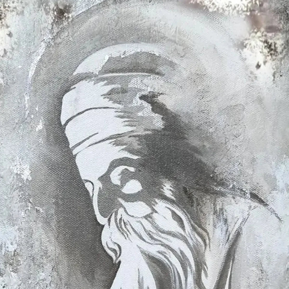 ELDER'S WHISPER: Minimalist Monochrome Figurative Portrait Painting | gold frame stretched on neutral wall