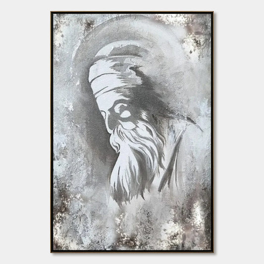 ELDER'S WHISPER: Minimalist Monochrome Figurative Portrait Painting | hanging in ELDER'S WHISPER: Minimalist Monochrome Figurative Portrait Painting featuring layered textured brushwork in refined ...