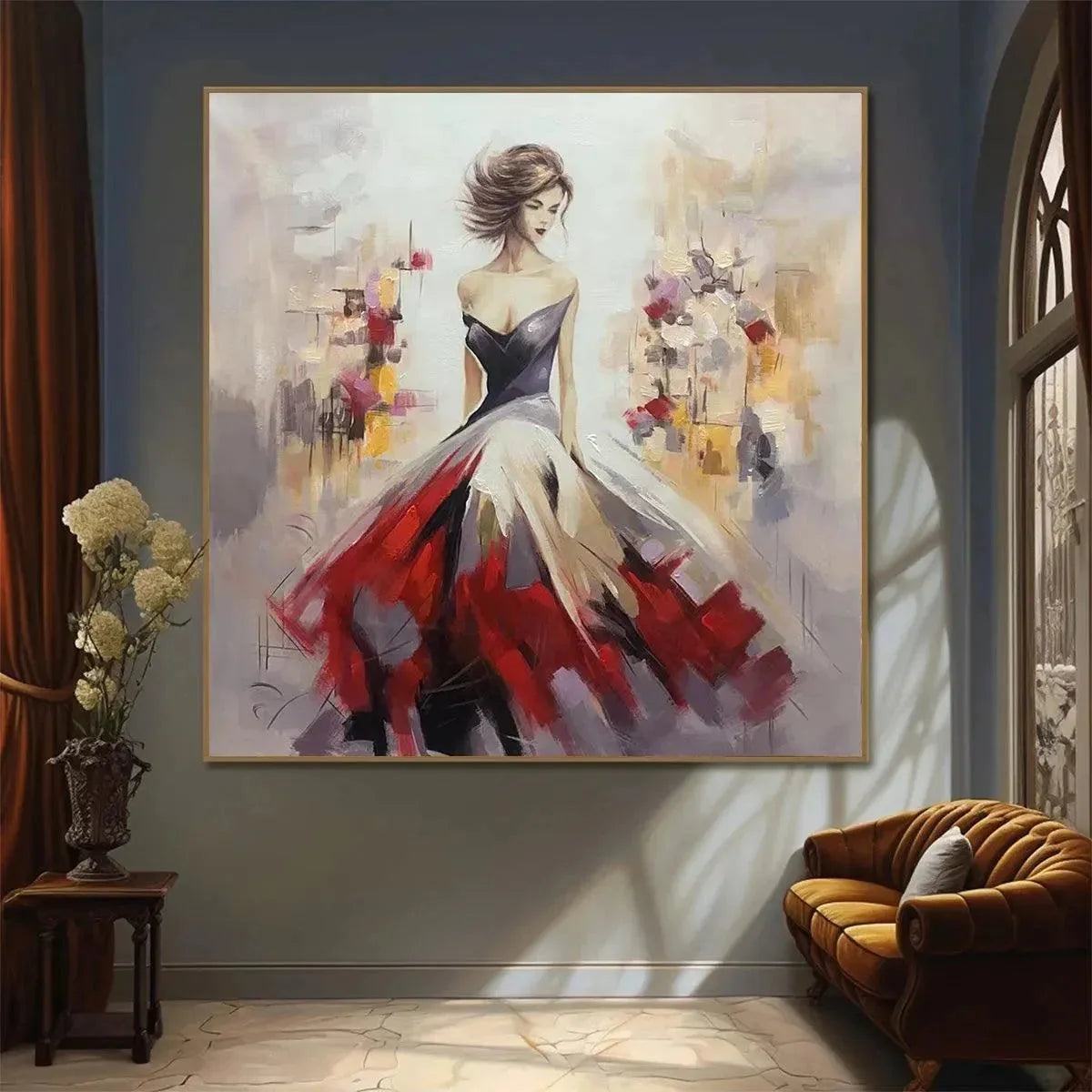 Elegant Lady in Red Dress Oil Painting - Abstract Art | Abstract closeup, raised brushwork detail