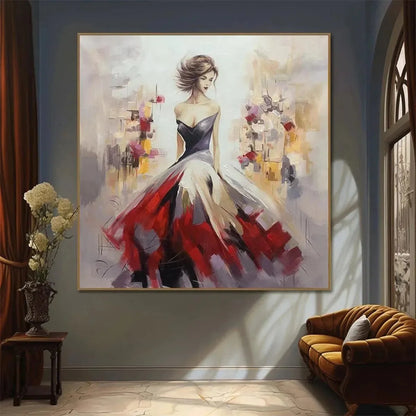 Elegant Lady in Red Dress Oil Painting - Abstract Art | Abstract closeup, raised brushwork detail