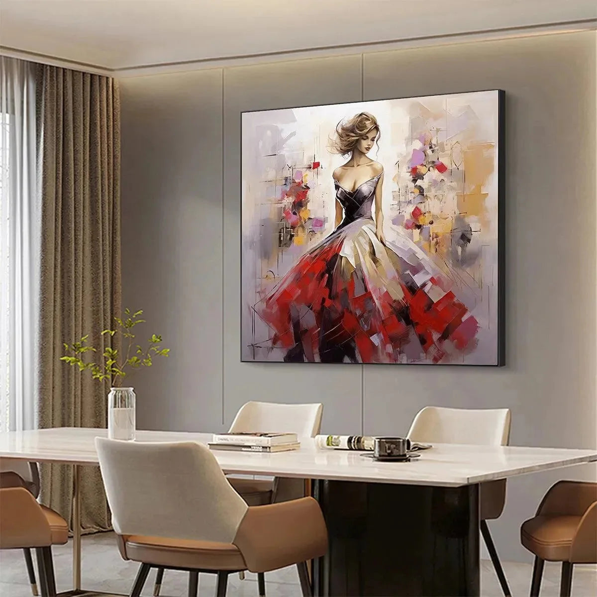 Elegant Lady in Red Dress Oil Painting - Abstract Art | gold frame stretched on neutral wall