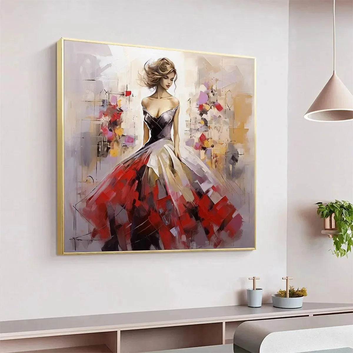 Elegant Lady in Red Dress Oil Painting - Abstract Art | rolled canvas, ready for custom framing