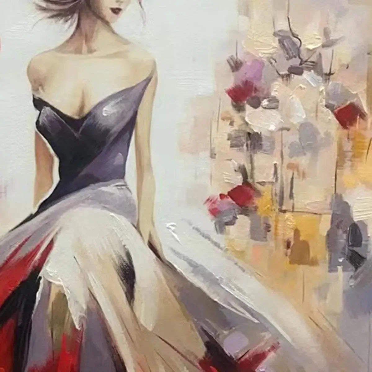 Elegant Lady in Red Dress Oil Painting - Abstract Art | black frame version on white wall