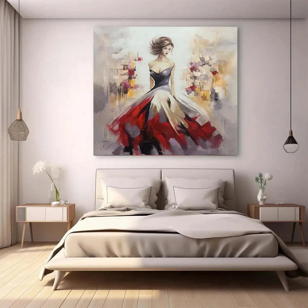 Elegant Lady in Red Dress Oil Painting - Abstract Art | Abstract mood, soft natural light studio shot