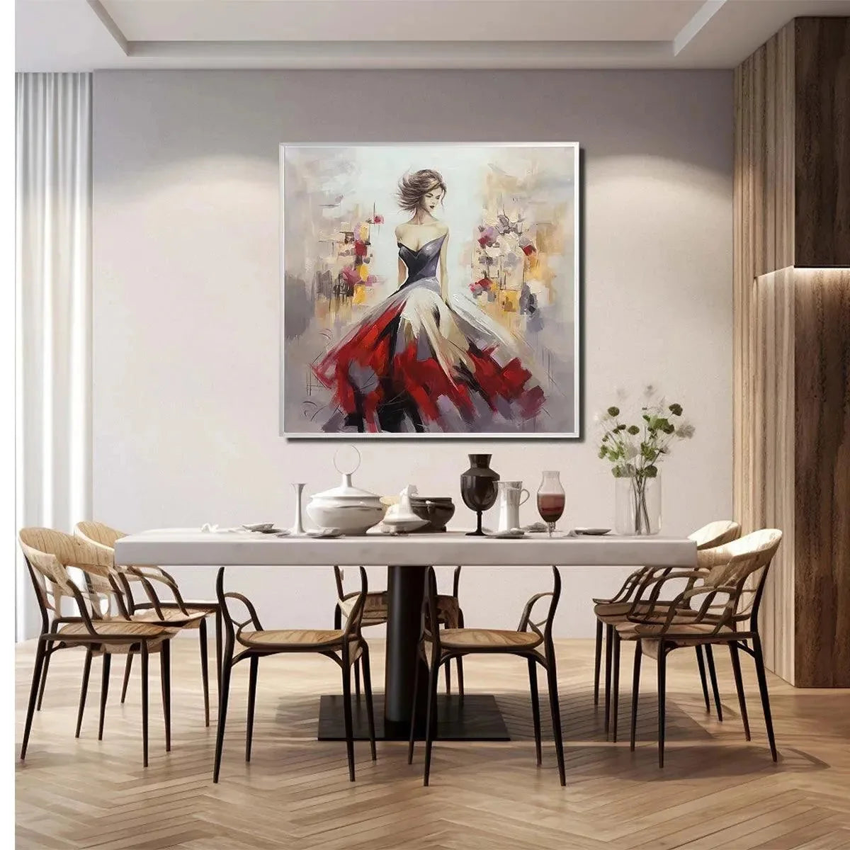 Elegant Lady in Red Dress Oil Painting - Abstract Art | beige palette, original Hand-painted on premium stretched canvas using artist-grade oils; rich layered surface combines smooth gradients with...