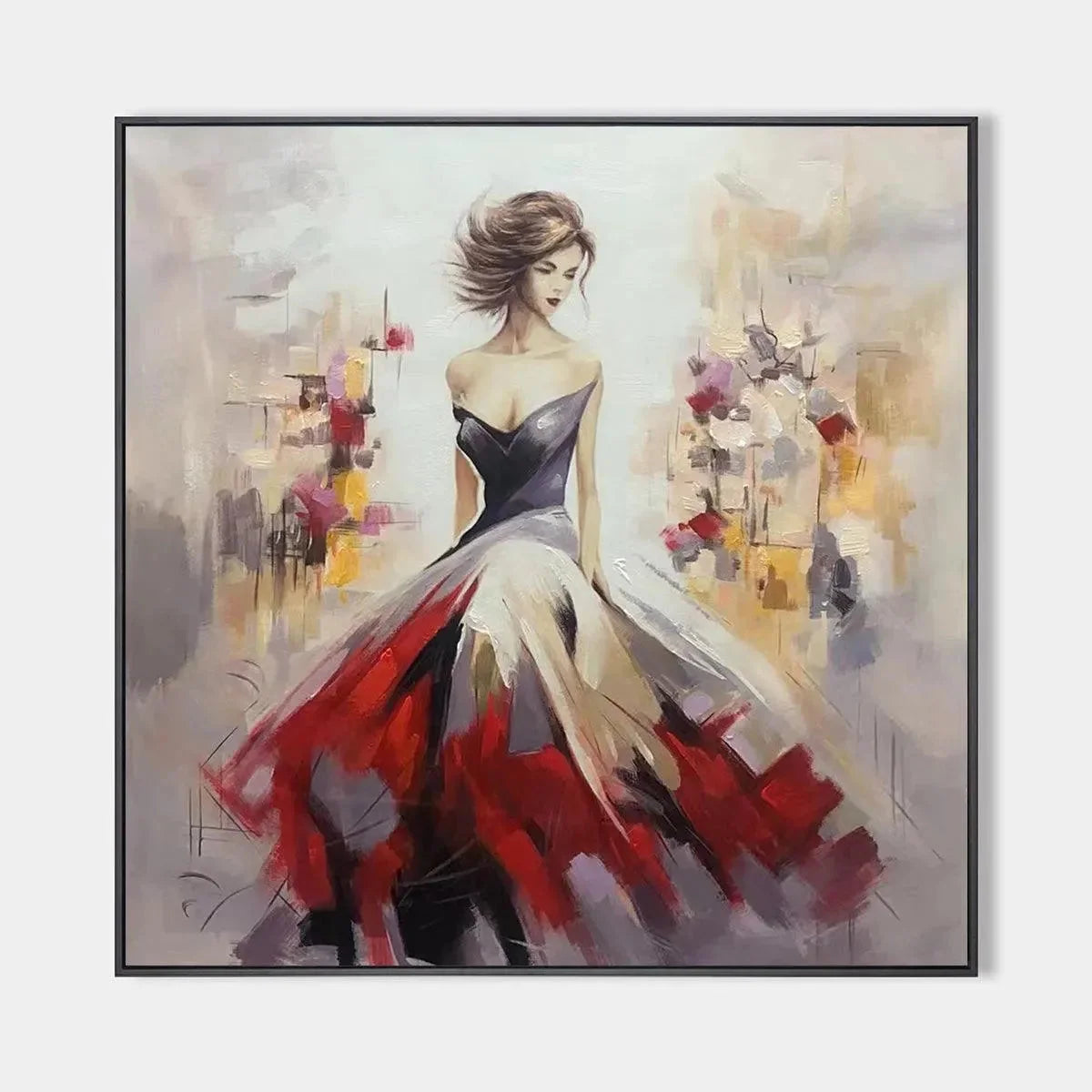 Elegant Lady in Red Dress Oil Painting - Abstract Art | hanging in Elegant Lady in Red Dress Oil Painting - Abstract Art featuring layered textured brushwork in refined tones; abstract composition ...