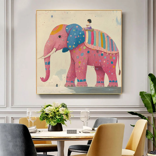 ELEPHANT DREAMS: Whimsical Pink Elephant and Child Oil Painting