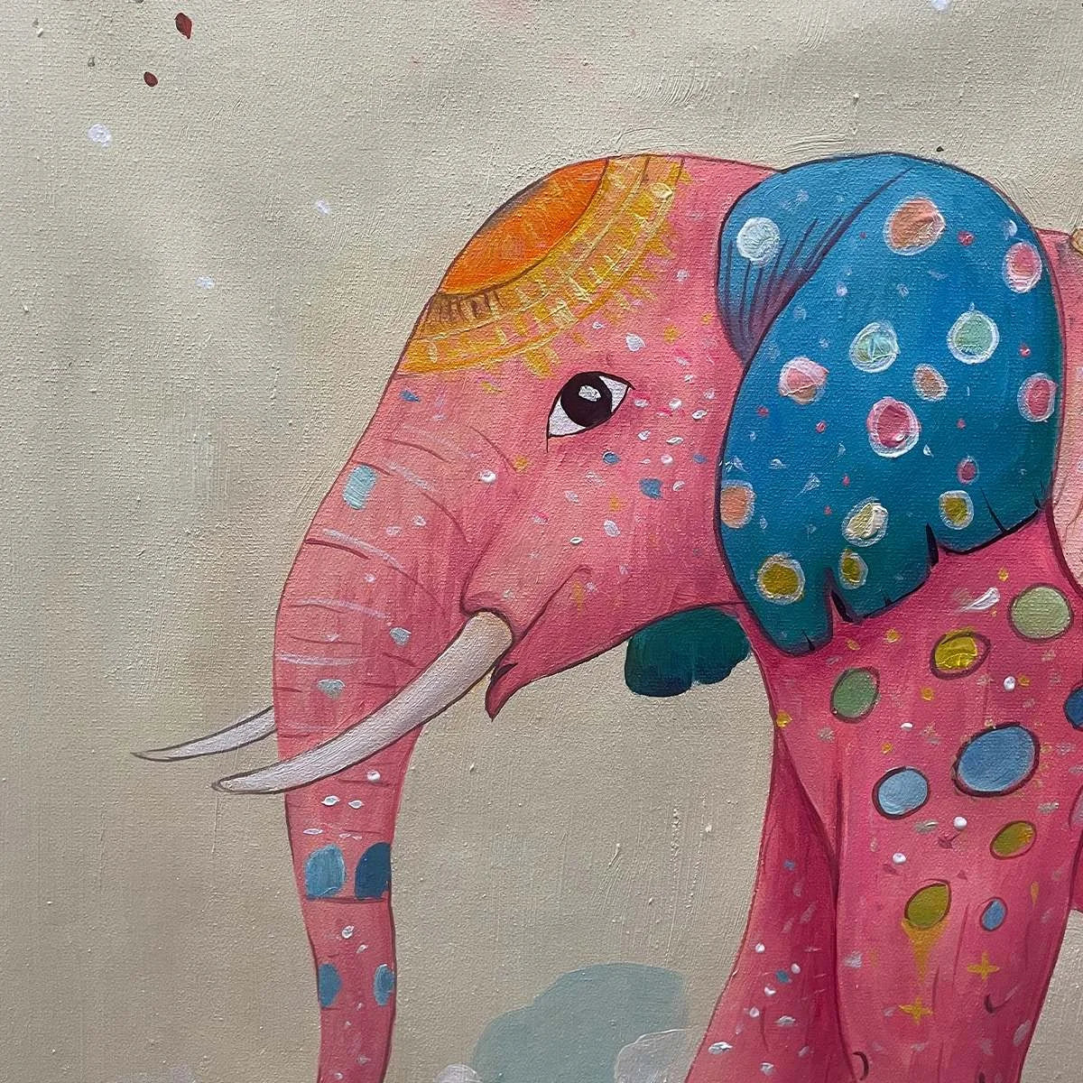 ELEPHANT DREAMS: Whimsical Pink Elephant and Child Oil Painting | rectangular format, hand-painted canvas edge