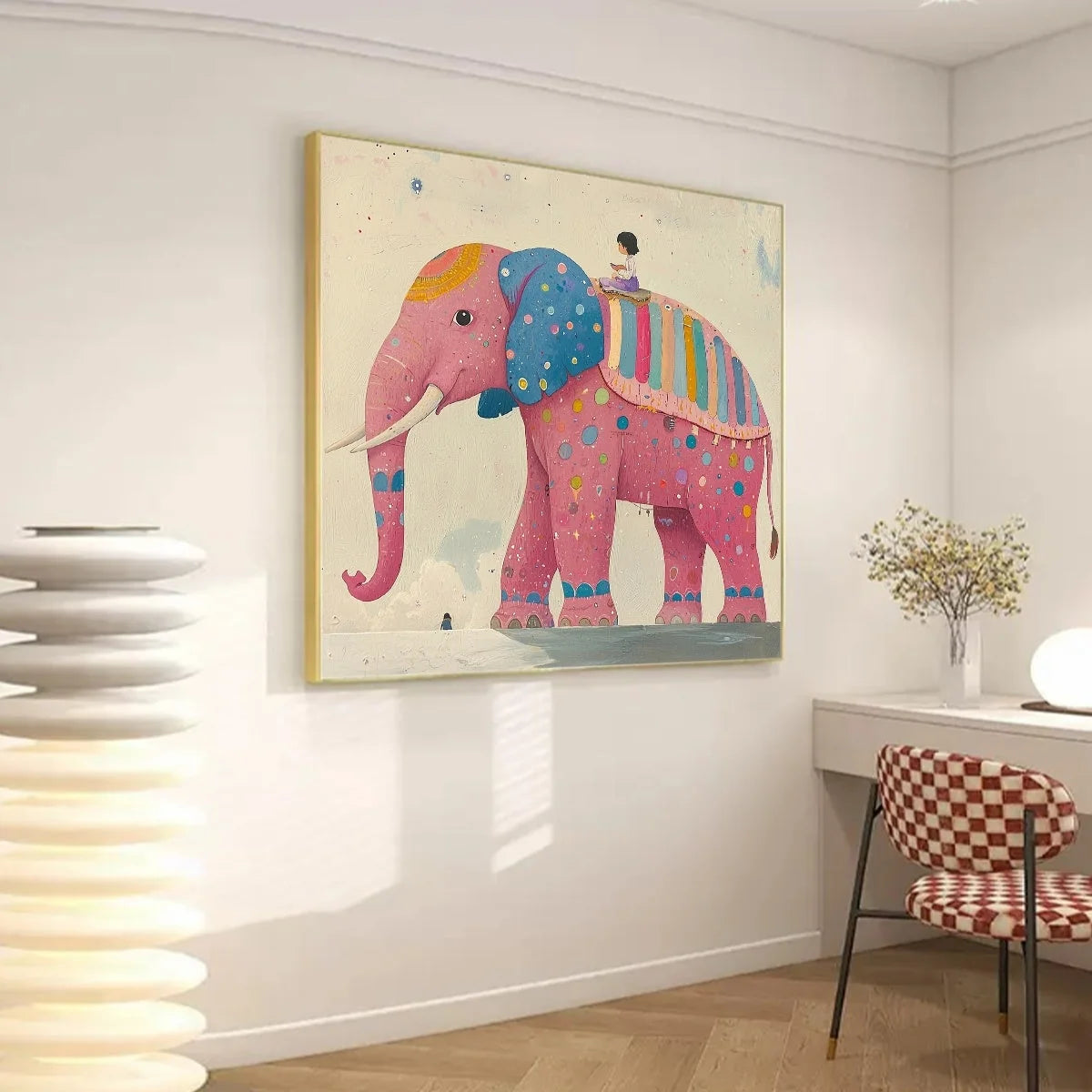 ELEPHANT DREAMS: Whimsical Pink Elephant and Child Oil Painting | gold frame stretched on neutral wall