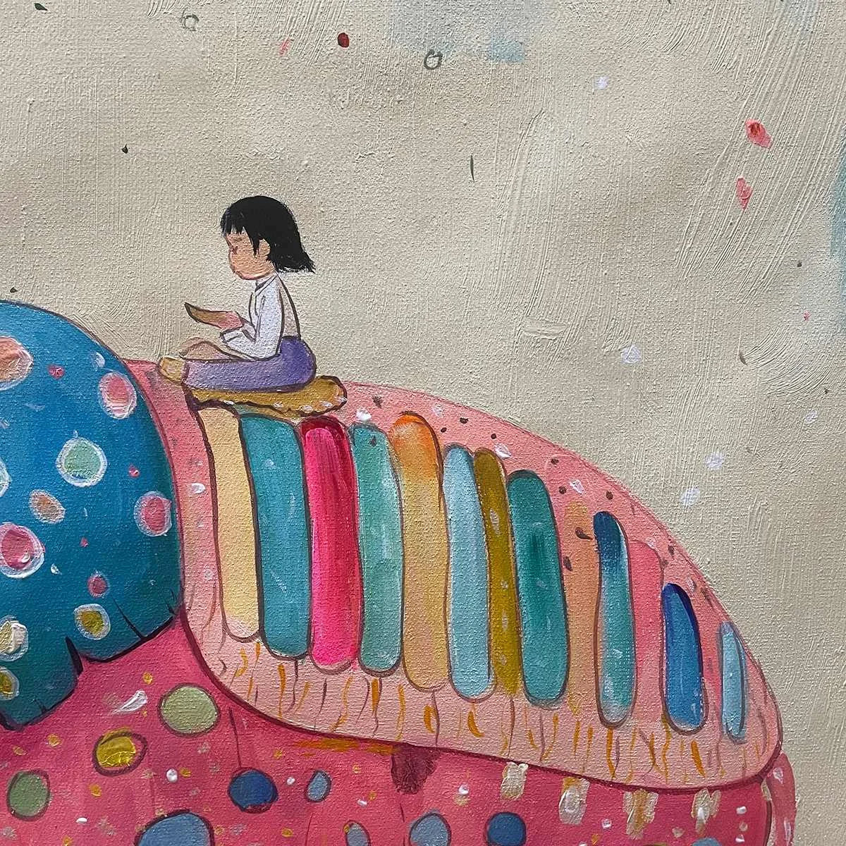 ELEPHANT DREAMS: Whimsical Pink Elephant and Child Oil Painting | rolled canvas, ready for custom framing