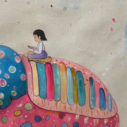 ELEPHANT DREAMS: Whimsical Pink Elephant and Child Oil Painting | rolled canvas, ready for custom framing
