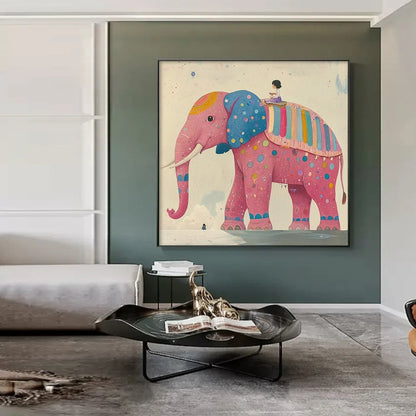 ELEPHANT DREAMS: Whimsical Pink Elephant and Child Oil Painting | black frame version on white wall