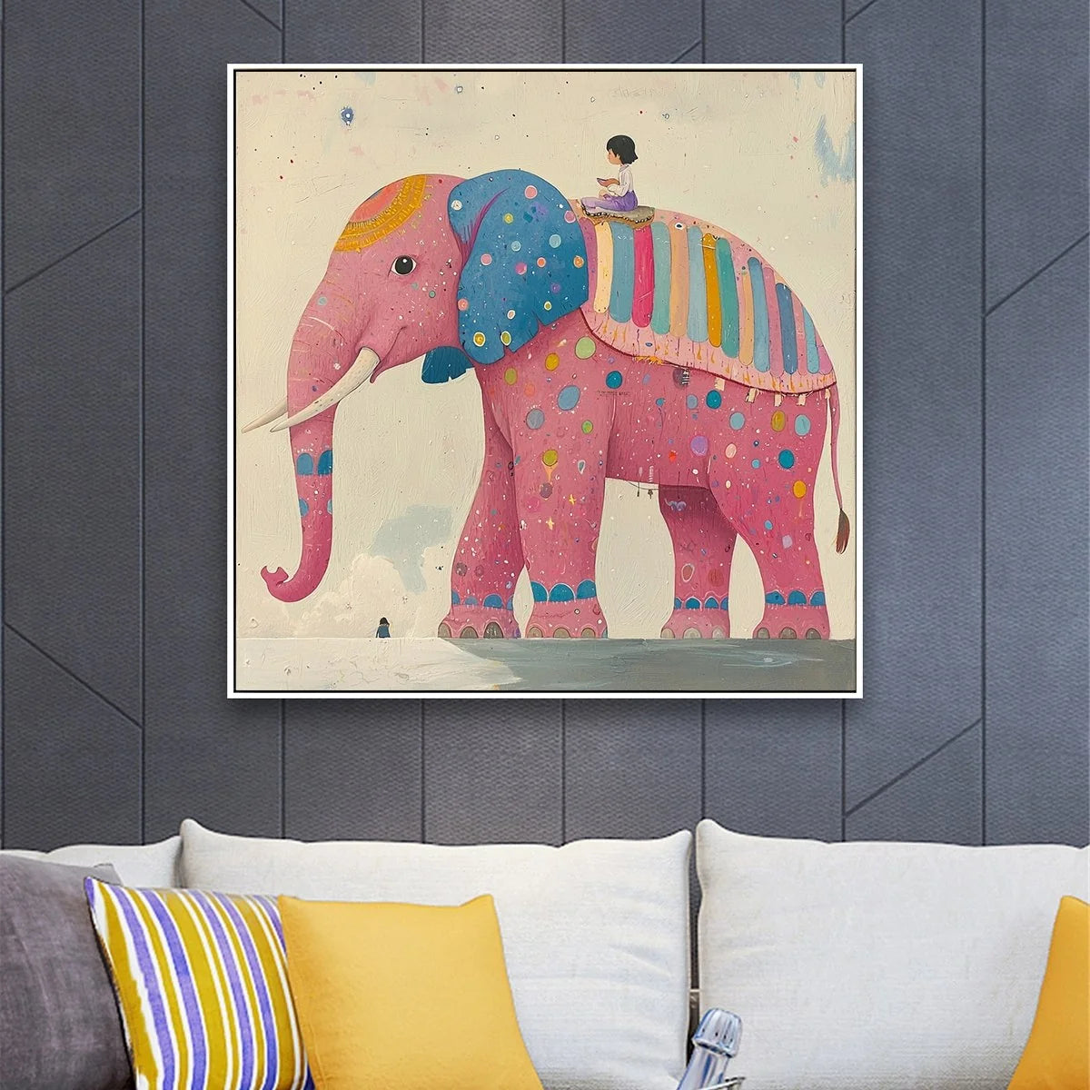 ELEPHANT DREAMS: Whimsical Pink Elephant and Child Oil Painting | Abstract mood, soft natural light studio shot