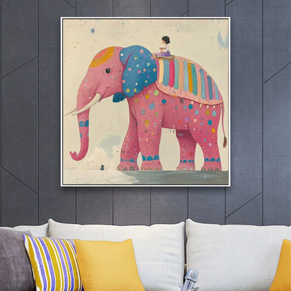 ELEPHANT DREAMS: Whimsical Pink Elephant and Child Oil Painting | Abstract mood, soft natural light studio shot