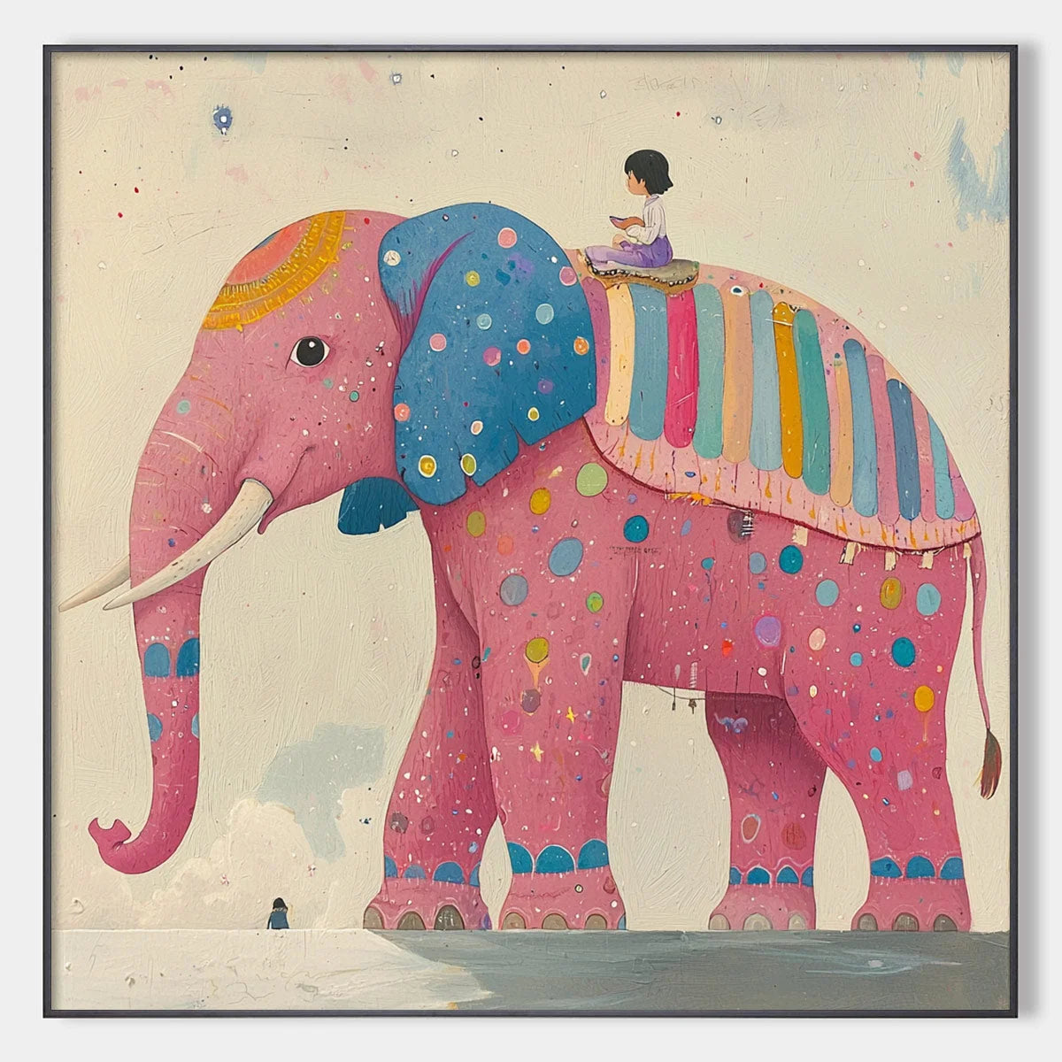 ELEPHANT DREAMS: Whimsical Pink Elephant and Child Oil Painting | hanging in ELEPHANT DREAMS: Whimsical Pink Elephant and Child Oil Painting featuring layered textured brushwork in refined tones; a...