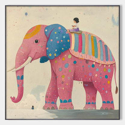 ELEPHANT DREAMS: Whimsical Pink Elephant and Child Oil Painting | hanging in ELEPHANT DREAMS: Whimsical Pink Elephant and Child Oil Painting featuring layered textured brushwork in refined tones; a...