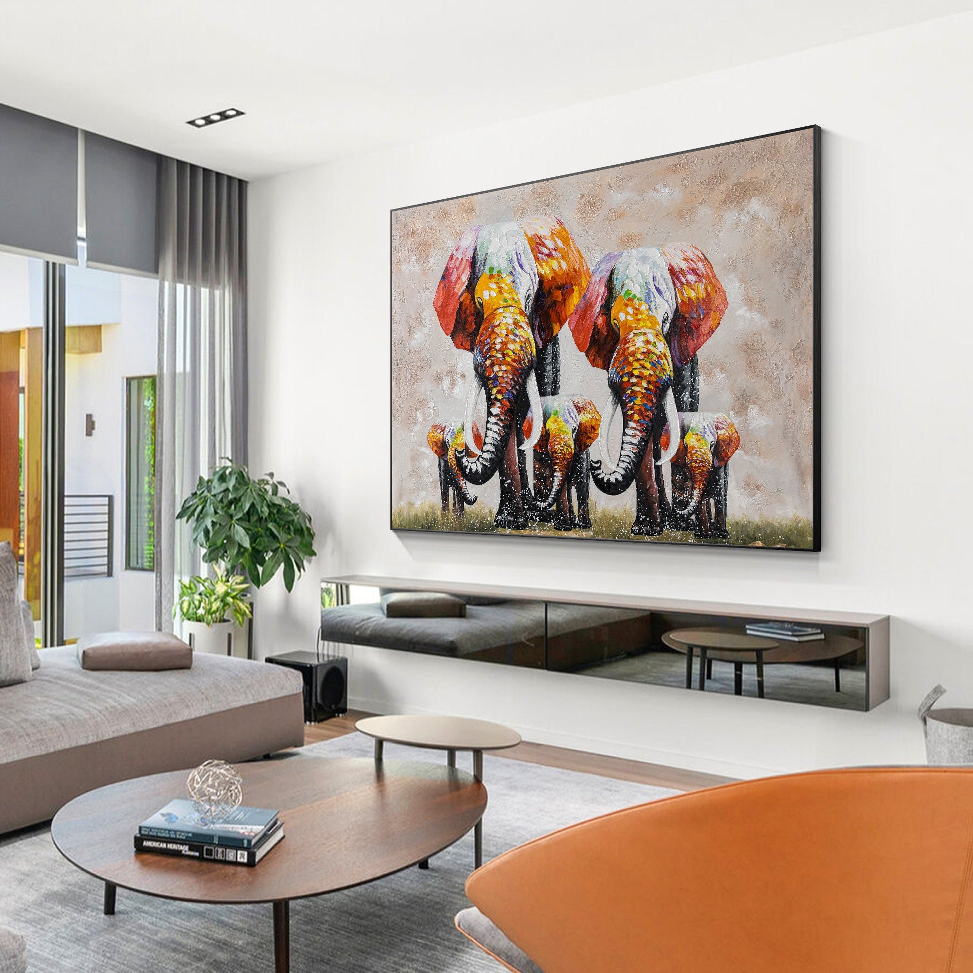 Elephant Family Canvas Painting Original, Palette Knife Textured Painting, Livin #5
