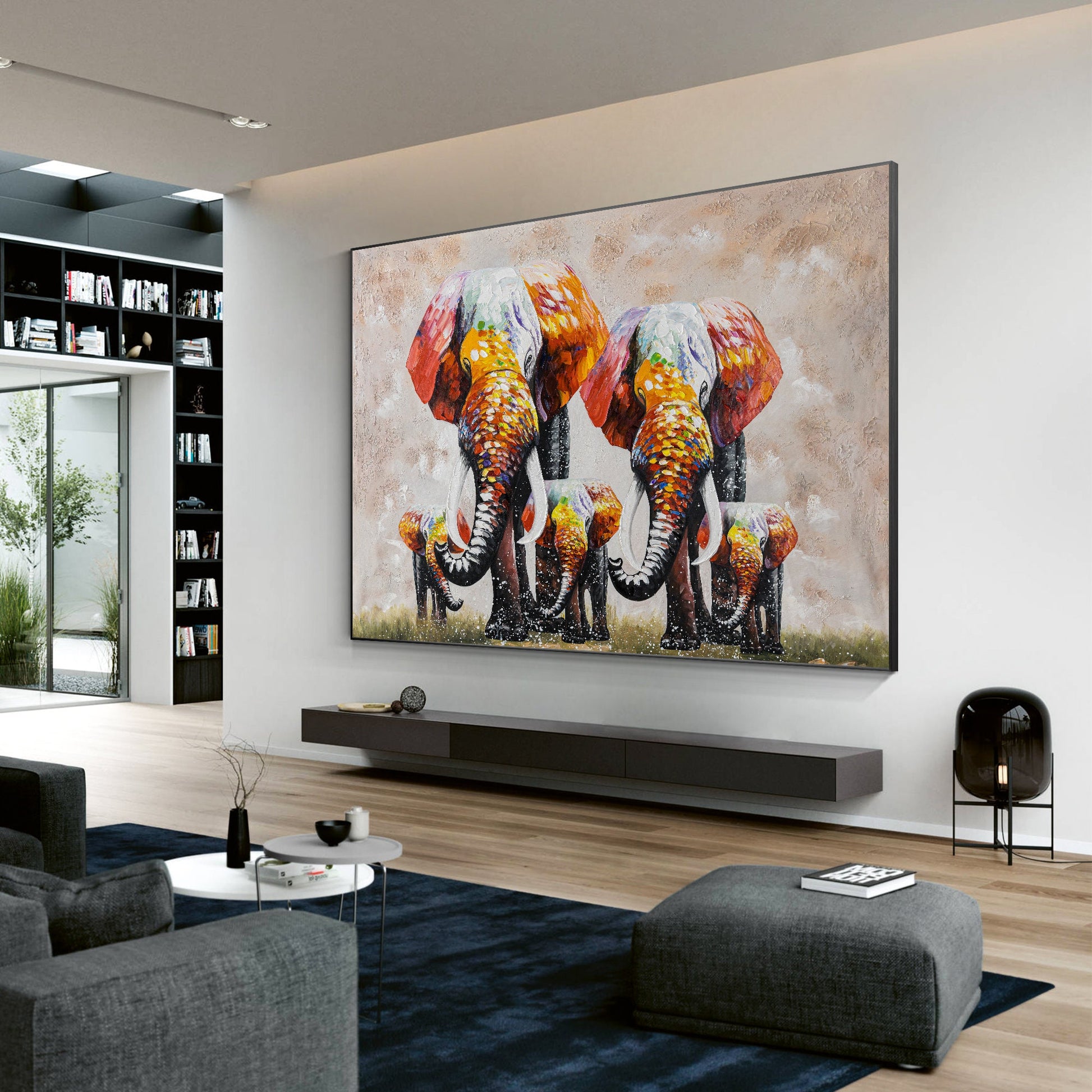 Elephant Family Canvas Painting Original, Palette Knife Textured Painting, Livin #6