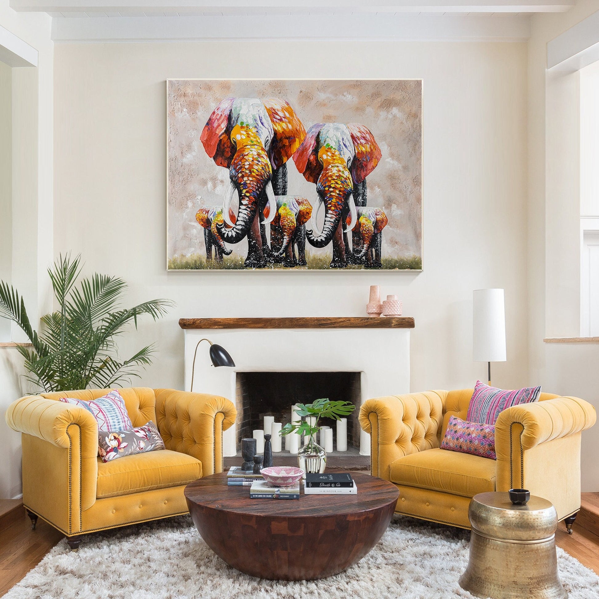 Elephant Family Canvas Painting Original, Palette Knife Textured Painting, Livin #1