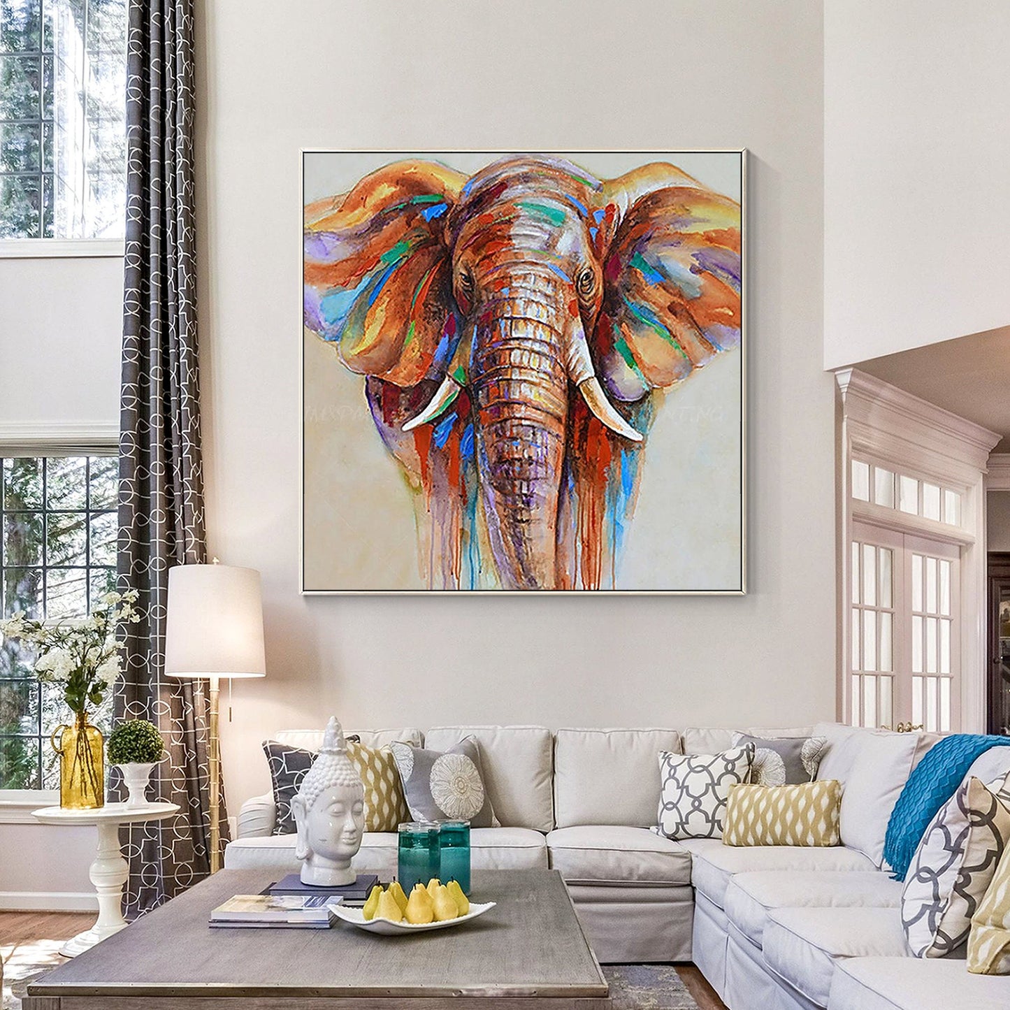 Elephant Painting Impressionist Elephant Extra Large Wall Art Square, Elephant P #1
