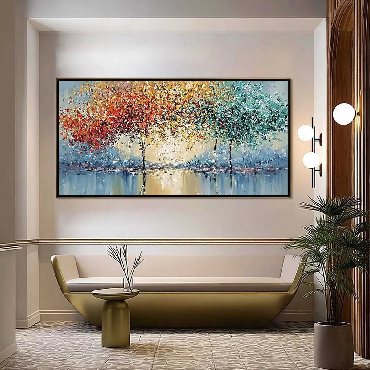 EMBER AND JADE: Textured Long Horizontal Landscape Painting of Trees | Landscape closeup, raised brushwork detail