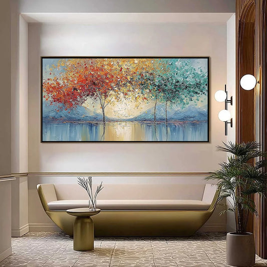 EMBER AND JADE: Textured Long Horizontal Landscape Painting of Trees
