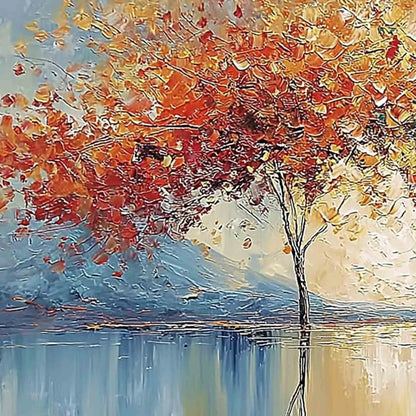 EMBER AND JADE: Textured Long Horizontal Landscape Painting of Trees | rectangular format, hand-painted canvas edge