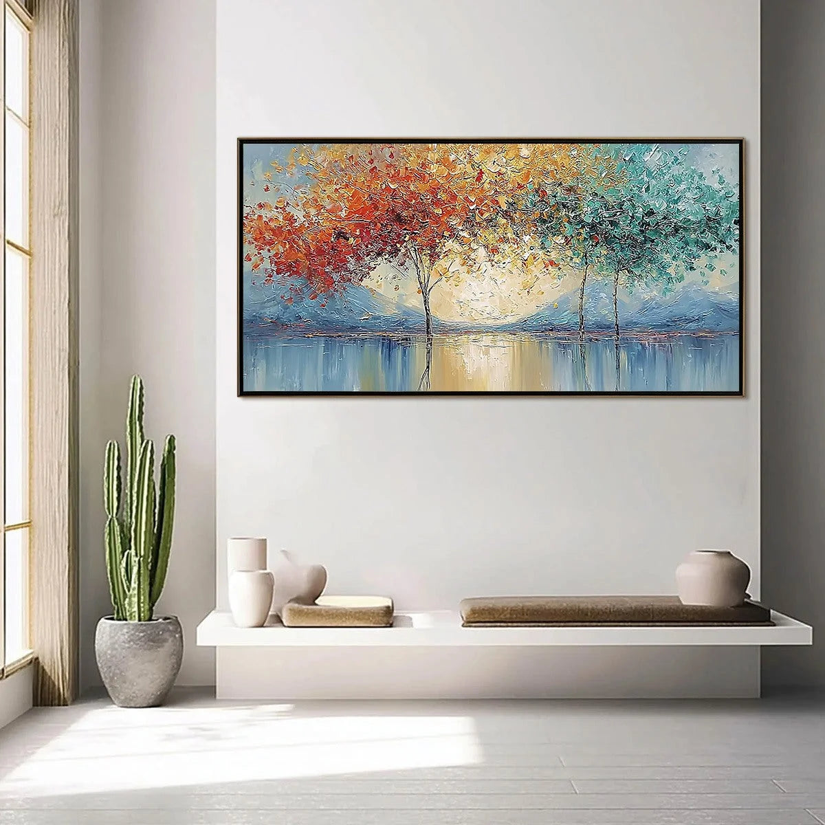 EMBER AND JADE: Textured Long Horizontal Landscape Painting of Trees | gold frame stretched on neutral wall