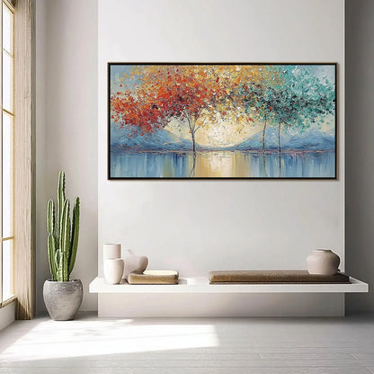 EMBER AND JADE: Textured Long Horizontal Landscape Painting of Trees | gold frame stretched on neutral wall
