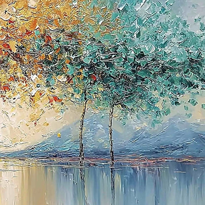 EMBER AND JADE: Textured Long Horizontal Landscape Painting of Trees | rolled canvas, ready for custom framing